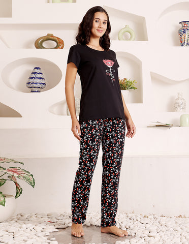 Black Cotton Nightsuit for Women by Bodycare – Printed T-Shirt & Pyjama Set-BSLS11073