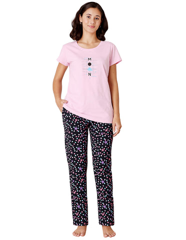 Pink & Black Cotton Nightsuit for Women by Bodycare – Printed T-Shirt & Pyjama Set-BSLS11074
