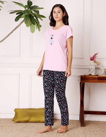 Pink & Black Cotton Nightsuit for Women by Bodycare – Printed T-Shirt & Pyjama Set-BSLS11074