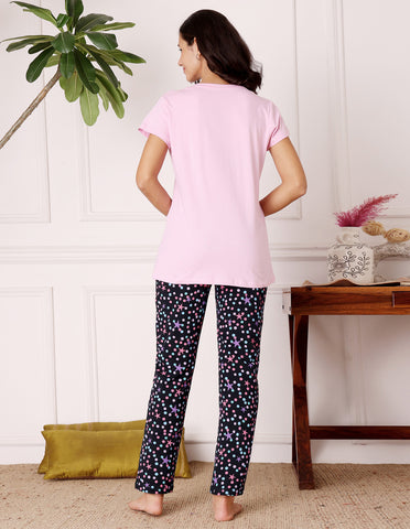 Pink & Black Cotton Nightsuit for Women by Bodycare – Printed T-Shirt & Pyjama Set-BSLS11074