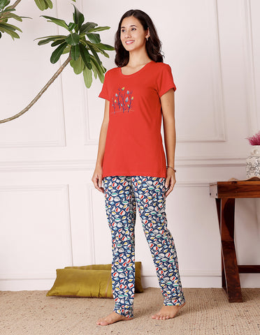 Red & Blue Cotton Nightsuit for Women by Bodycare – Printed T-Shirt & Pyjama Set-BSLS11076