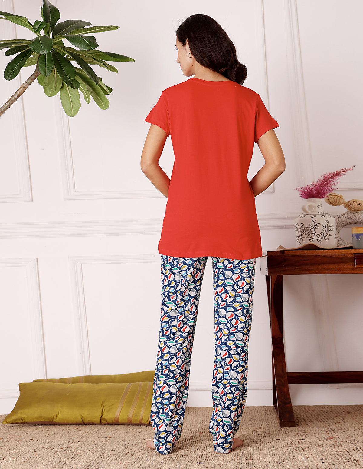 Red & Blue Cotton Nightsuit for Women by Bodycare – Printed T-Shirt & Pyjama Set-BSLS11076