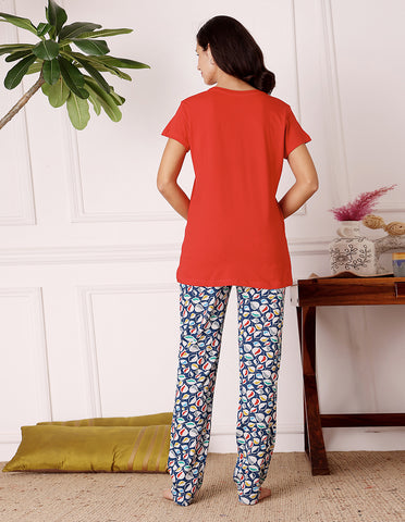 Red & Blue Cotton Nightsuit for Women by Bodycare – Printed T-Shirt & Pyjama Set-BSLS11076