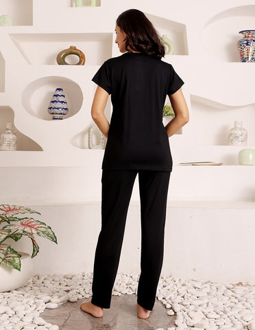 Black Cotton Nightsuit for Women by Bodycare – Printed T-Shirt & Pyjama Set-BSLS11518