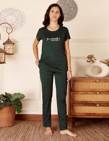 Green Cotton Nightsuit for Women by Bodycare – Printed T-Shirt & Pyjama Set-BSLS11519