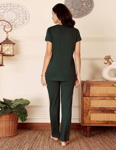 Green Cotton Nightsuit for Women by Bodycare – Printed T-Shirt & Pyjama Set-BSLS11519