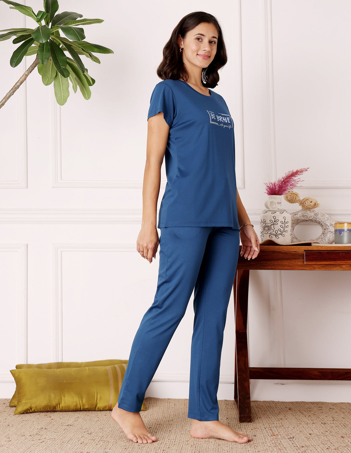 Blue Cotton Nightsuit for Women by Bodycare – Printed T-Shirt & Pyjama Set-BSLS11520