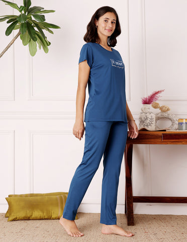 Blue Cotton Nightsuit for Women by Bodycare – Printed T-Shirt & Pyjama Set-BSLS11520