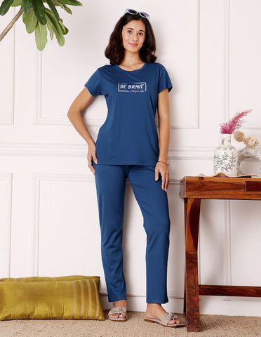 Blue Cotton Nightsuit for Women by Bodycare – Printed T-Shirt & Pyjama Set-BSLS11520