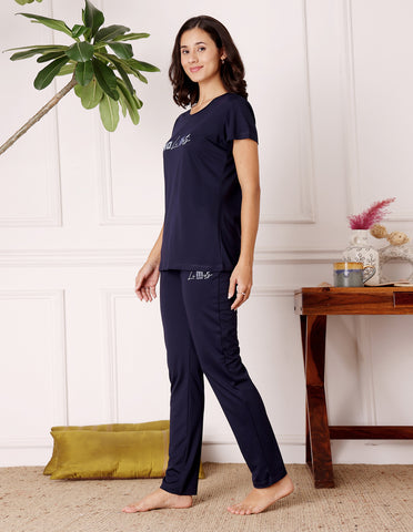 Blue Cotton Nightsuit for Women by Bodycare – Printed T-Shirt & Pyjama Set-BSLS11521