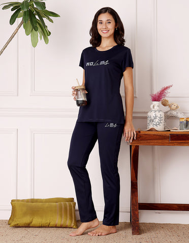 Blue Cotton Nightsuit for Women by Bodycare – Printed T-Shirt & Pyjama Set-BSLS11521