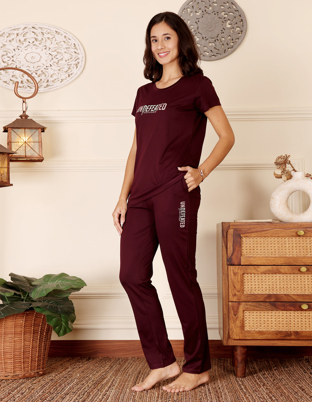 Maroon Cotton Nightsuit for Women by Bodycare – Printed T-Shirt & Pyjama Set-BSLS11522
