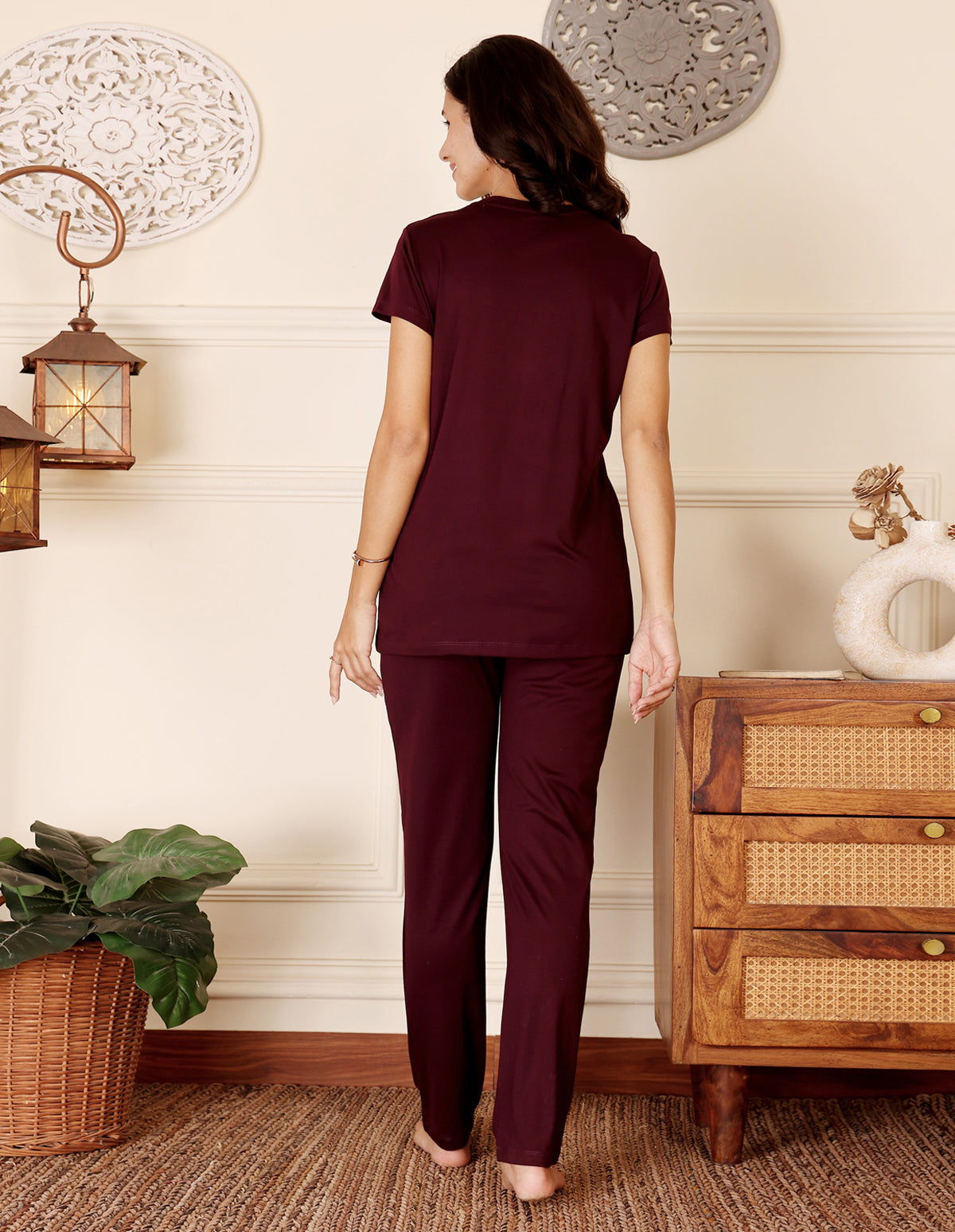 Maroon Cotton Nightsuit for Women by Bodycare – Printed T-Shirt & Pyjama Set-BSLS11522