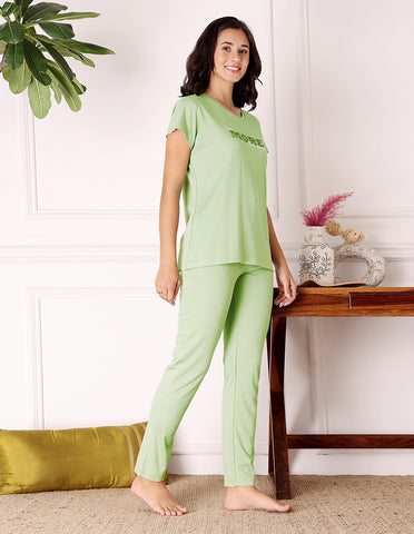 Green Cotton Nightsuit for Women by Bodycare – Printed T-Shirt & Pyjama Set-BSLS11523