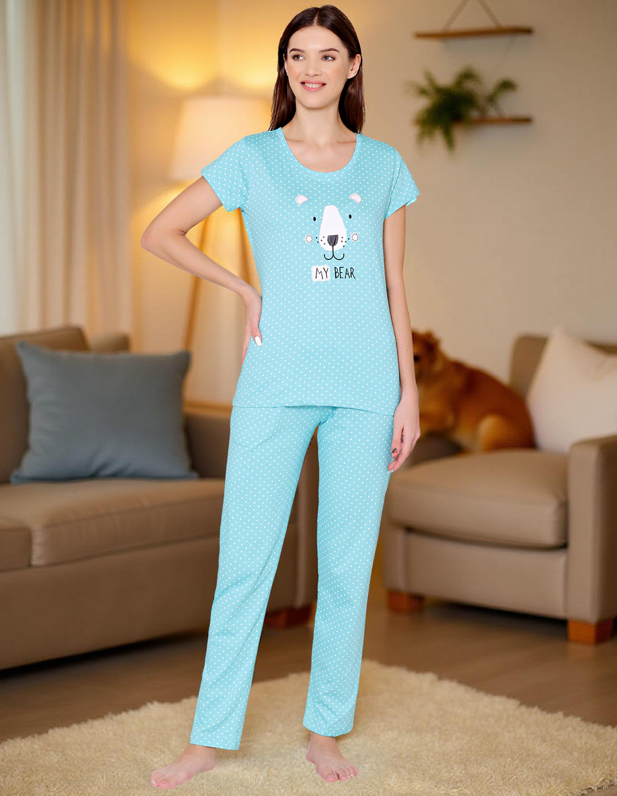Bodycare Womens Combed Cotton Printed Tshirt & Pyjama Set-BSLS12001
