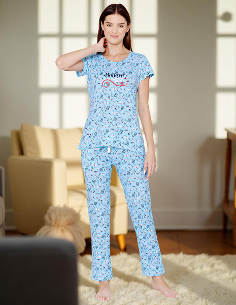 Bodycare Womens Combed Cotton Printed Tshirt & Pyjama Set-BSLS12005