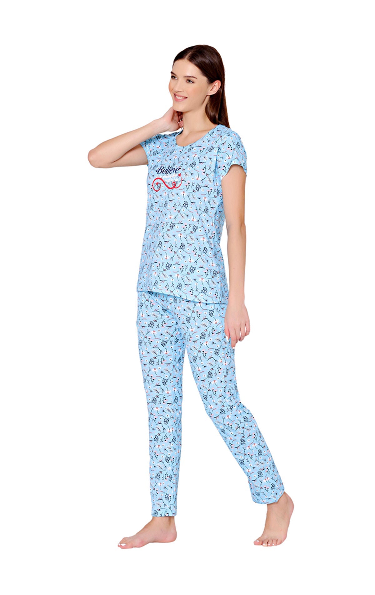 Bodycare Womens Combed Cotton Printed Tshirt & Pyjama Set-BSLS12005