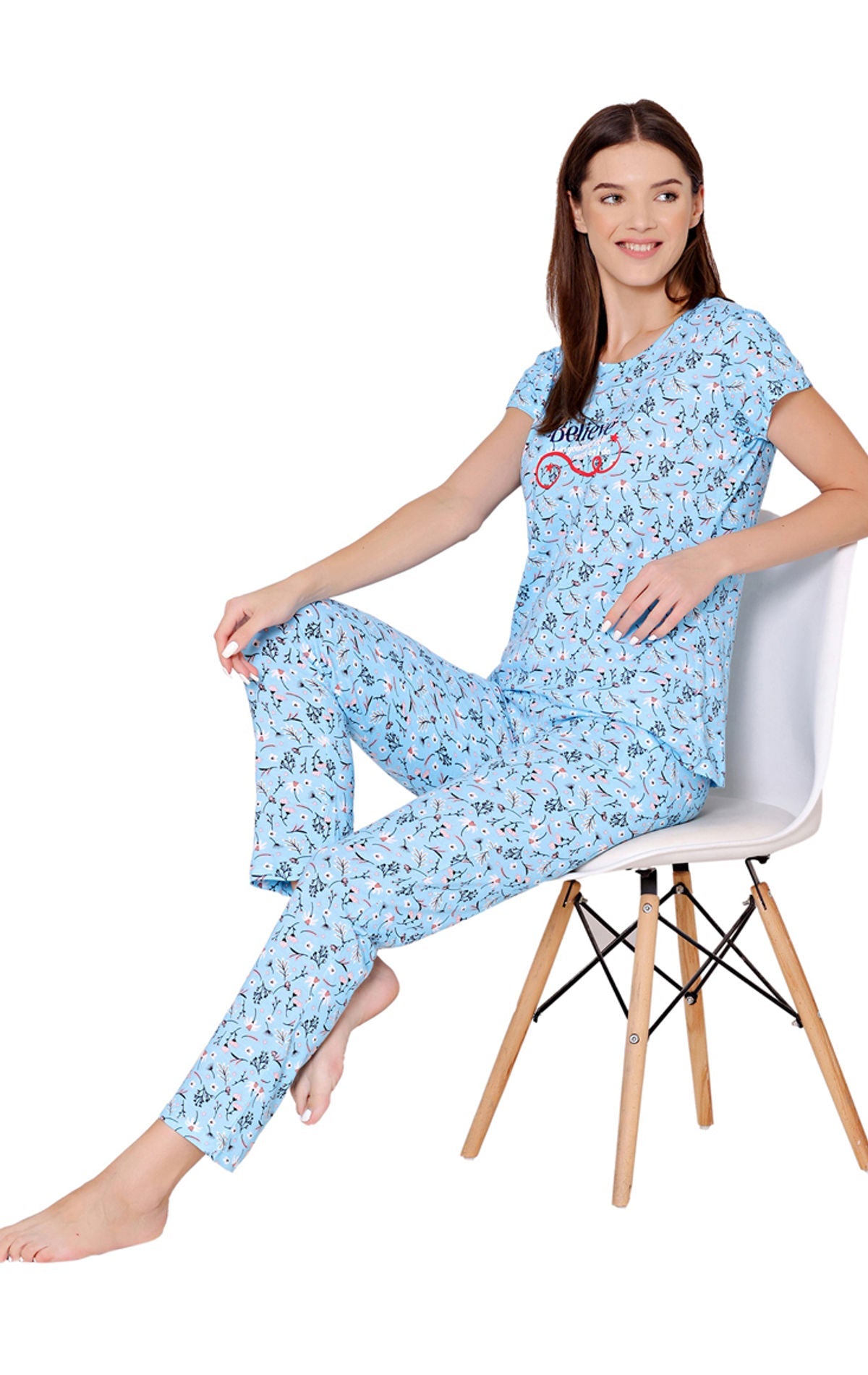 Bodycare Womens Combed Cotton Printed Tshirt & Pyjama Set-BSLS12005