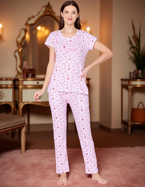 Bodycare Womens Combed Cotton Printed Tshirt & Pyjama Set-BSLS12006