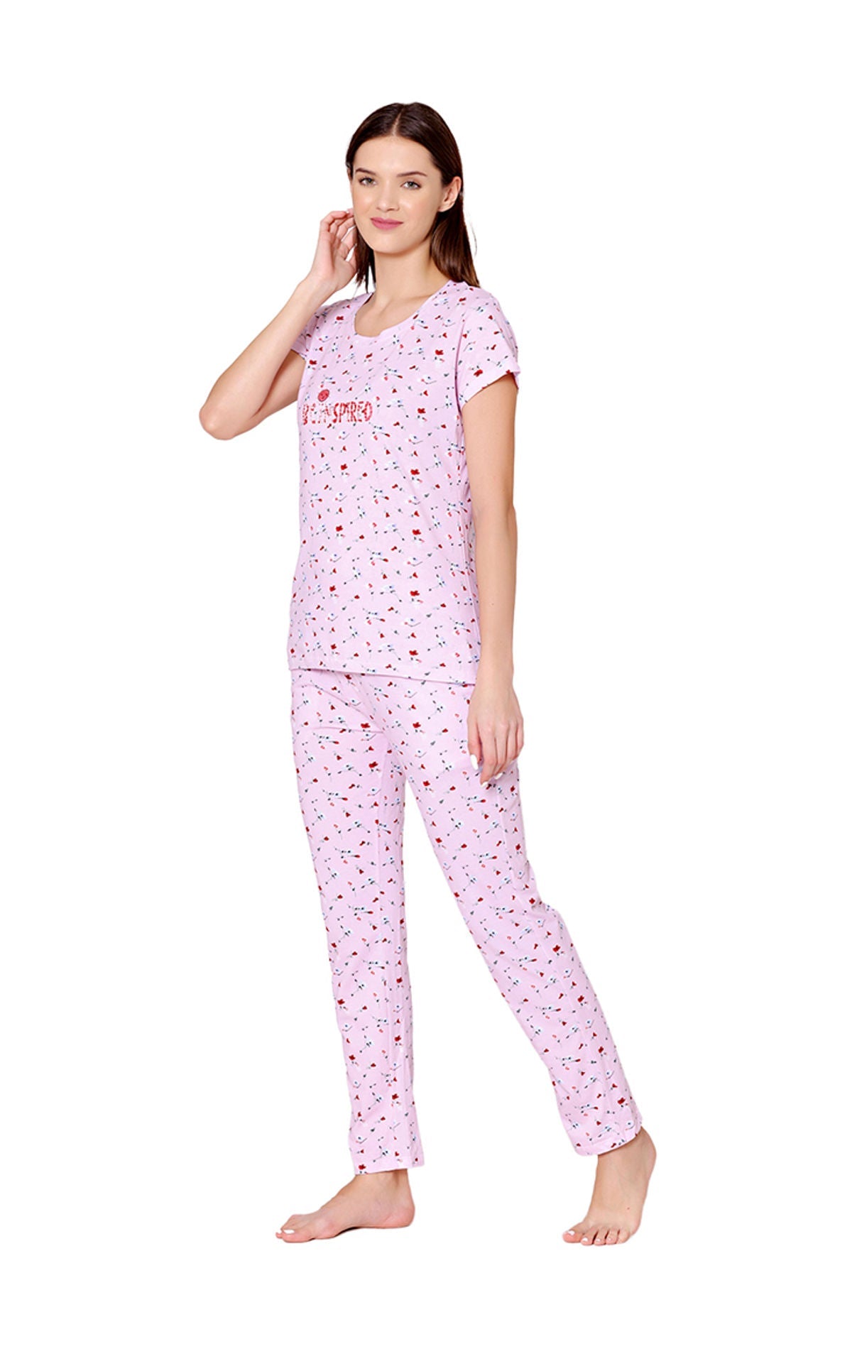 Bodycare Womens Combed Cotton Printed Tshirt & Pyjama Set-BSLS12006