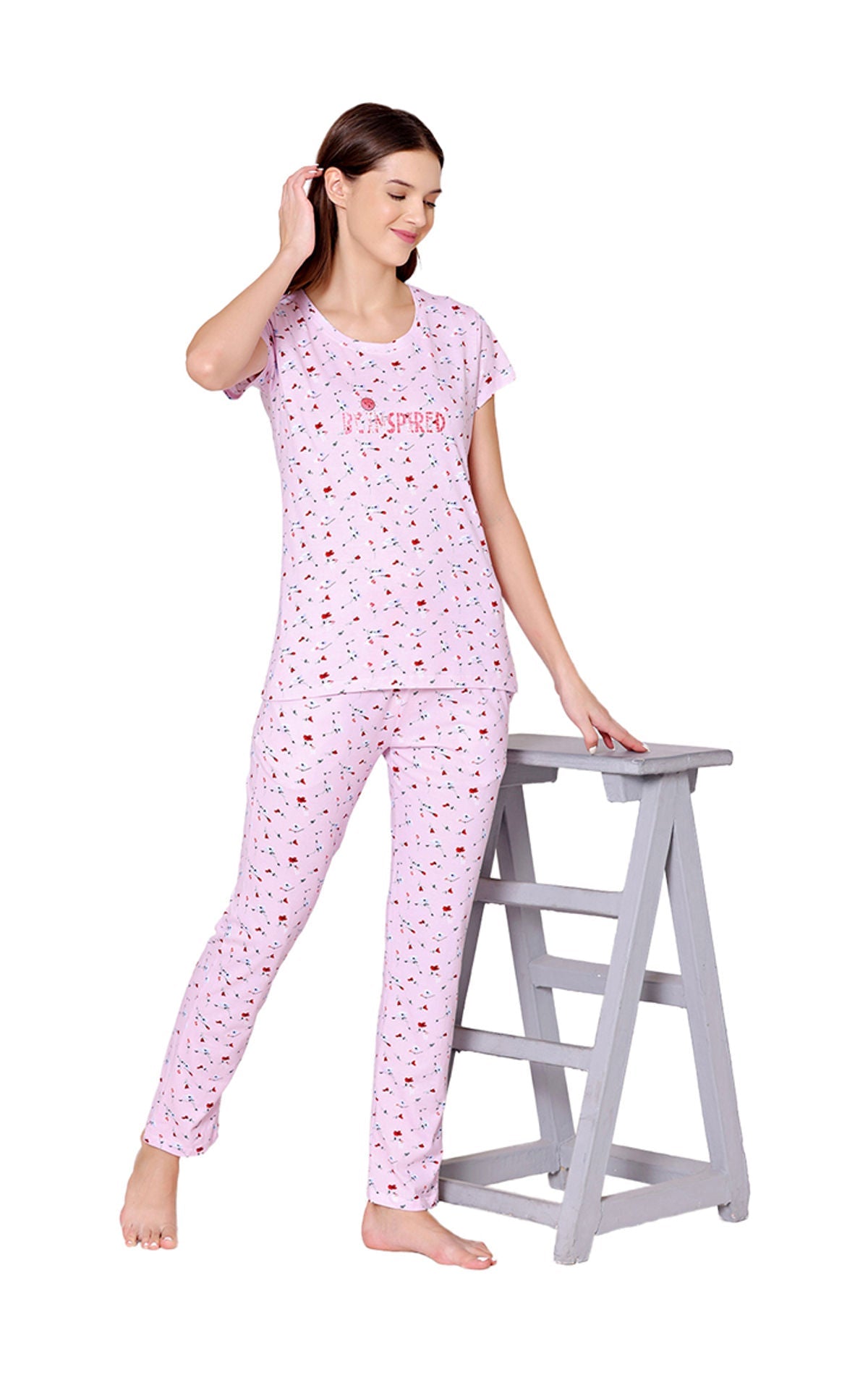 Bodycare Womens Combed Cotton Printed Tshirt & Pyjama Set-BSLS12006