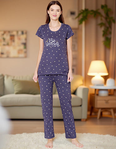 Bodycare Womens Combed Cotton Printed Tshirt & Pyjama Set-BSLS12007