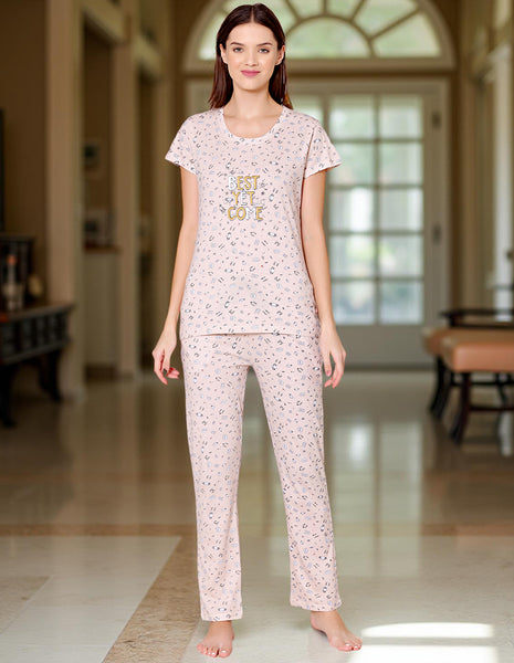 Bodycare Womens Combed Cotton Printed Tshirt & Pyjama Set-BSLS12008