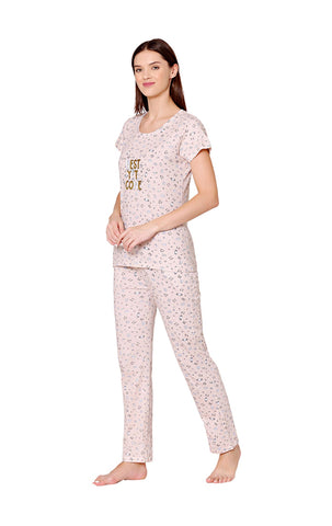 Bodycare Womens Combed Cotton Printed Tshirt & Pyjama Set-BSLS12008