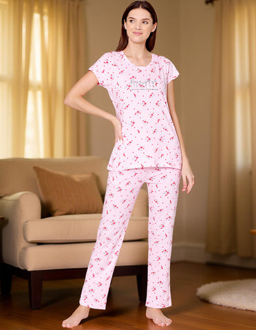 Bodycare Womens Combed Cotton Printed Tshirt & Pyjama Set-BSLS12009