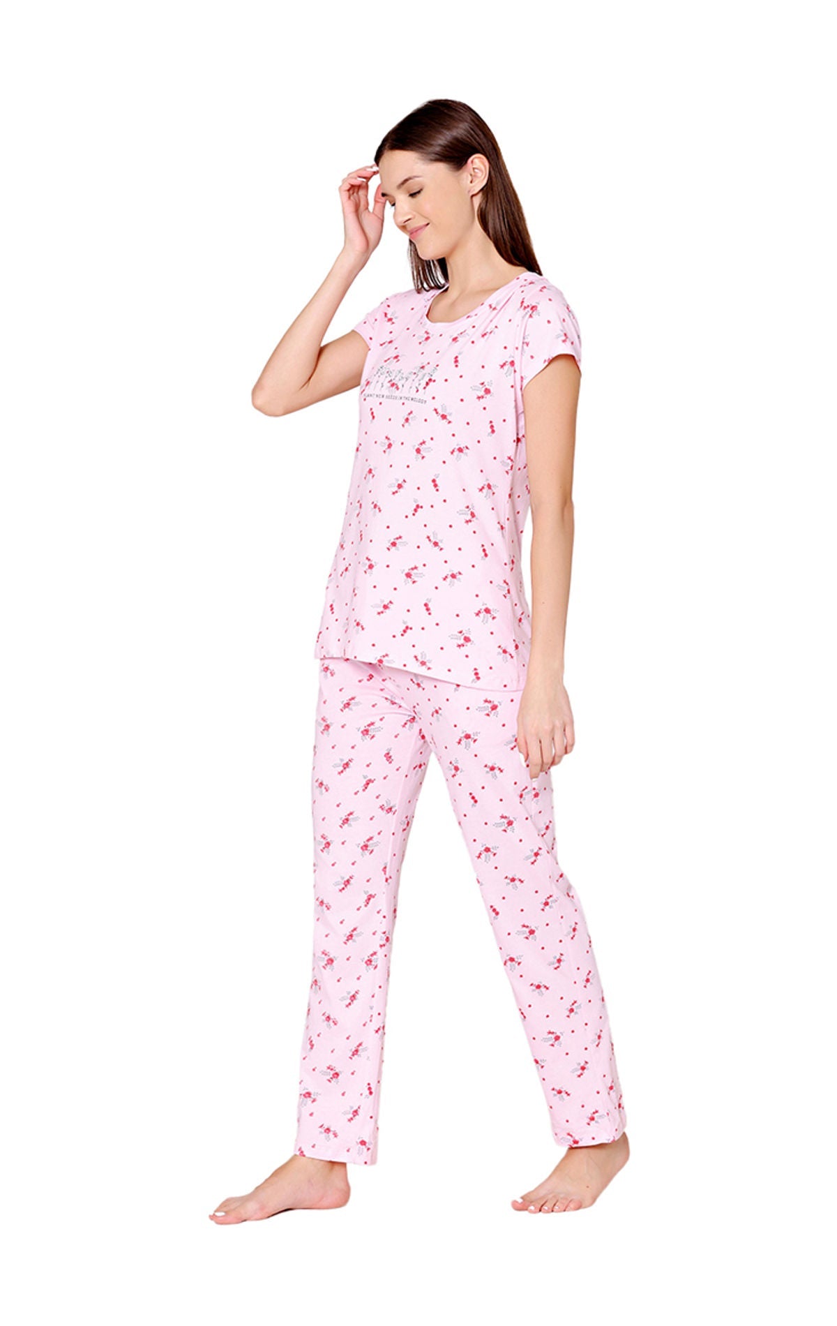 Bodycare Womens Combed Cotton Printed Tshirt & Pyjama Set-BSLS12009