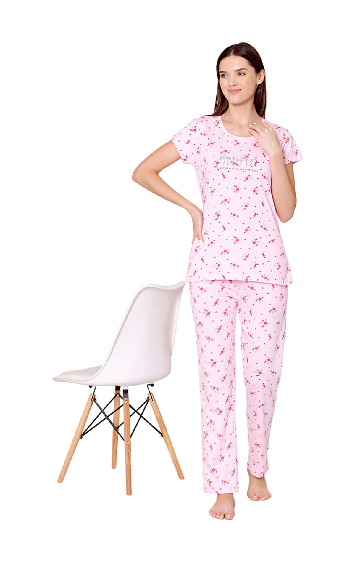 Bodycare Womens Combed Cotton Printed Tshirt & Pyjama Set-BSLS12009