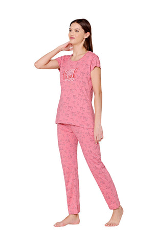 Bodycare Womens Combed Cotton Printed Tshirt & Pyjama Set-BSLS12010