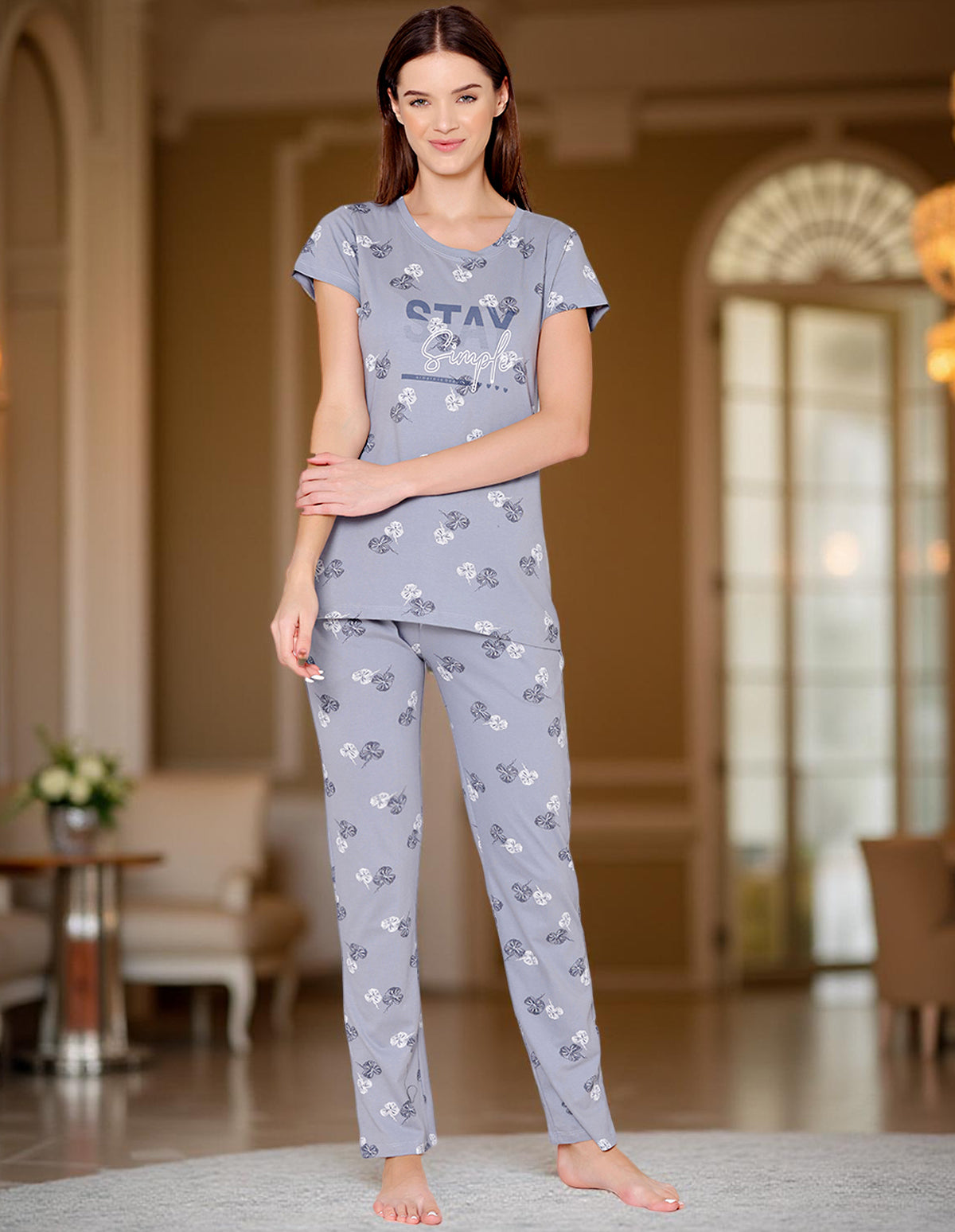Bodycare Womens Combed Cotton Printed Tshirt & Pyjama Set-BSLS12011