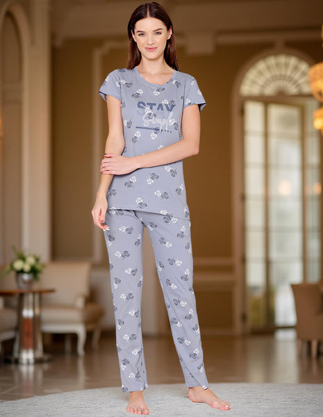 Bodycare Womens Combed Cotton Printed Tshirt & Pyjama Set-BSLS12011