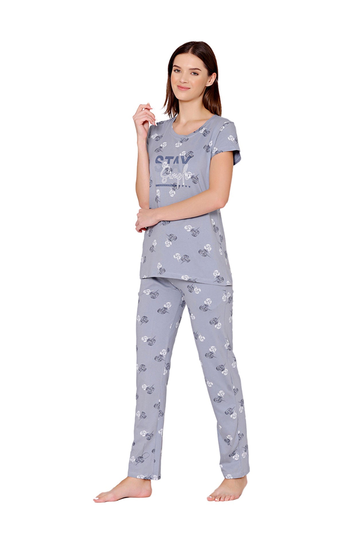 Bodycare Womens Combed Cotton Printed Tshirt & Pyjama Set-BSLS12011