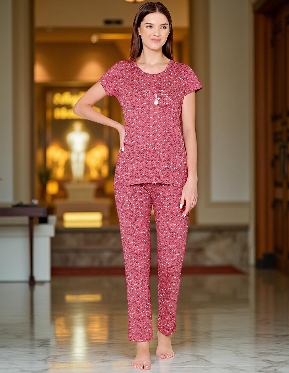 Bodycare Womens Combed Cotton Printed Tshirt & Pyjama Set-BSLS12012