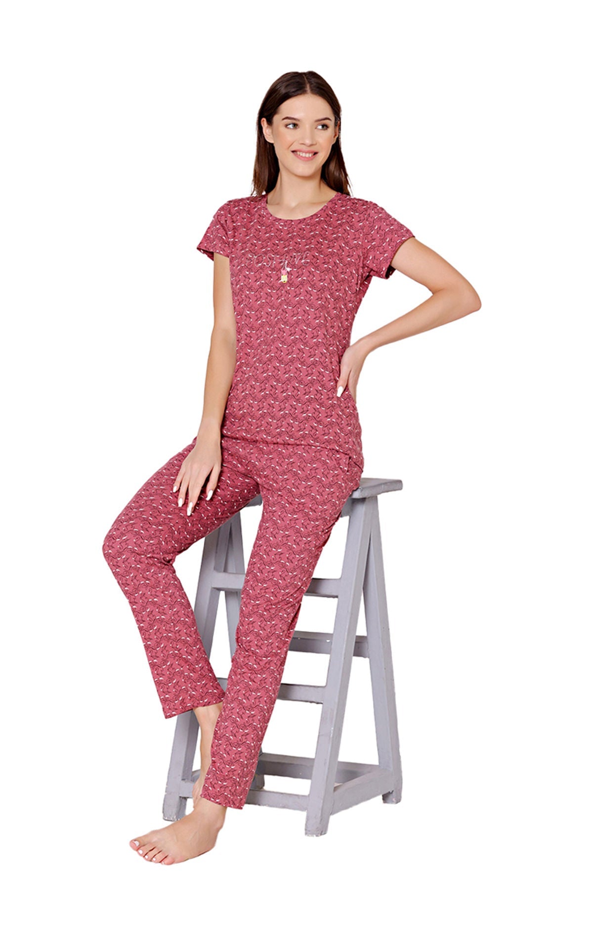 Bodycare Womens Combed Cotton Printed Tshirt & Pyjama Set-BSLS12012