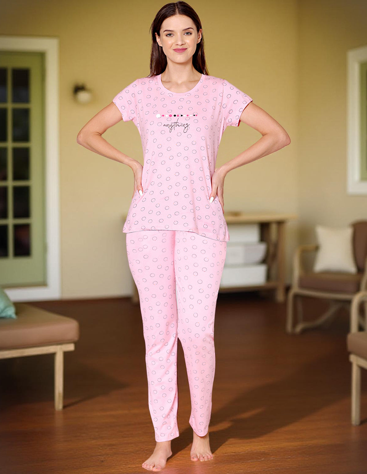 Bodycare Womens Combed Cotton Printed Tshirt & Pyjama Set-BSLS12013