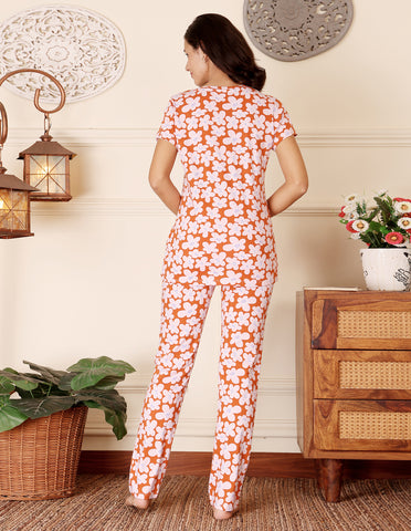 Orange Cotton Nightsuit for Women by Bodycare – Printed T-Shirt & Pyjama Set-BSLS12024