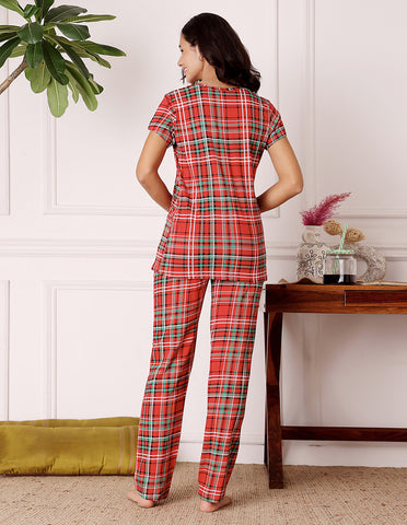 Red Cotton Nightsuit for Women by Bodycare – Printed T-Shirt & Pyjama Set-BSLS12026