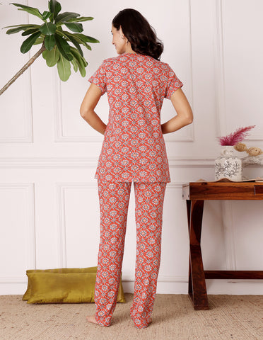 Orange Cotton Nightsuit for Women by Bodycare – Printed T-Shirt & Pyjama Set-BSLS12031