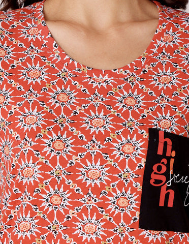 Orange Cotton Nightsuit for Women by Bodycare – Printed T-Shirt & Pyjama Set-BSLS12031