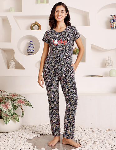 Black Cotton Nightsuit for Women by Bodycare – Printed T-Shirt & Pyjama Set-BSLS12032