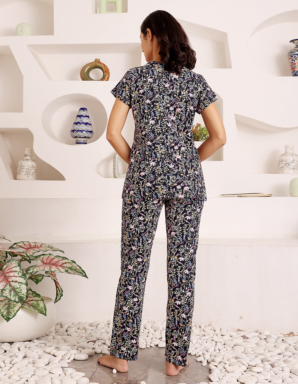 Black Cotton Nightsuit for Women by Bodycare – Printed T-Shirt & Pyjama Set-BSLS12032