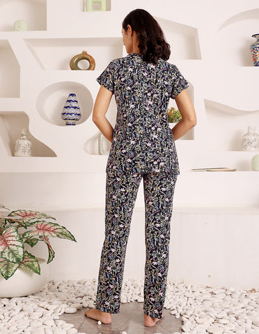 Black Cotton Nightsuit for Women by Bodycare – Printed T-Shirt & Pyjama Set-BSLS12032