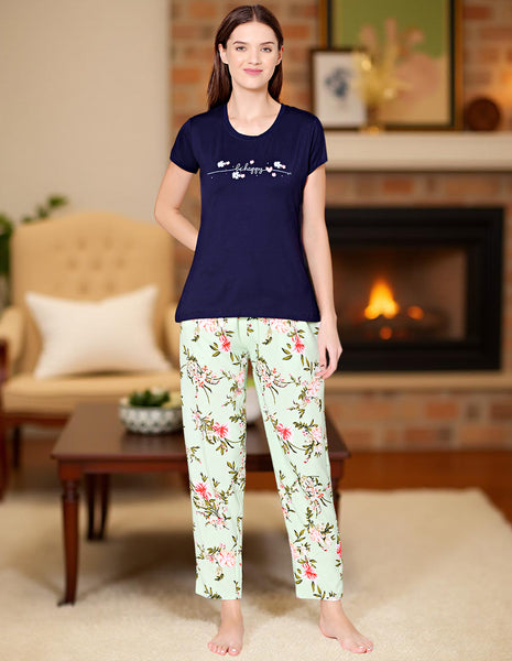 Bodycare Womens Modal Spandex Navy Blue & Mint Printed Tshirt & Pyjama Set BSLS14007