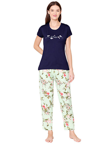 Bodycare Womens Modal Spandex Navy Blue & Mint Printed Tshirt & Pyjama Set BSLS14007