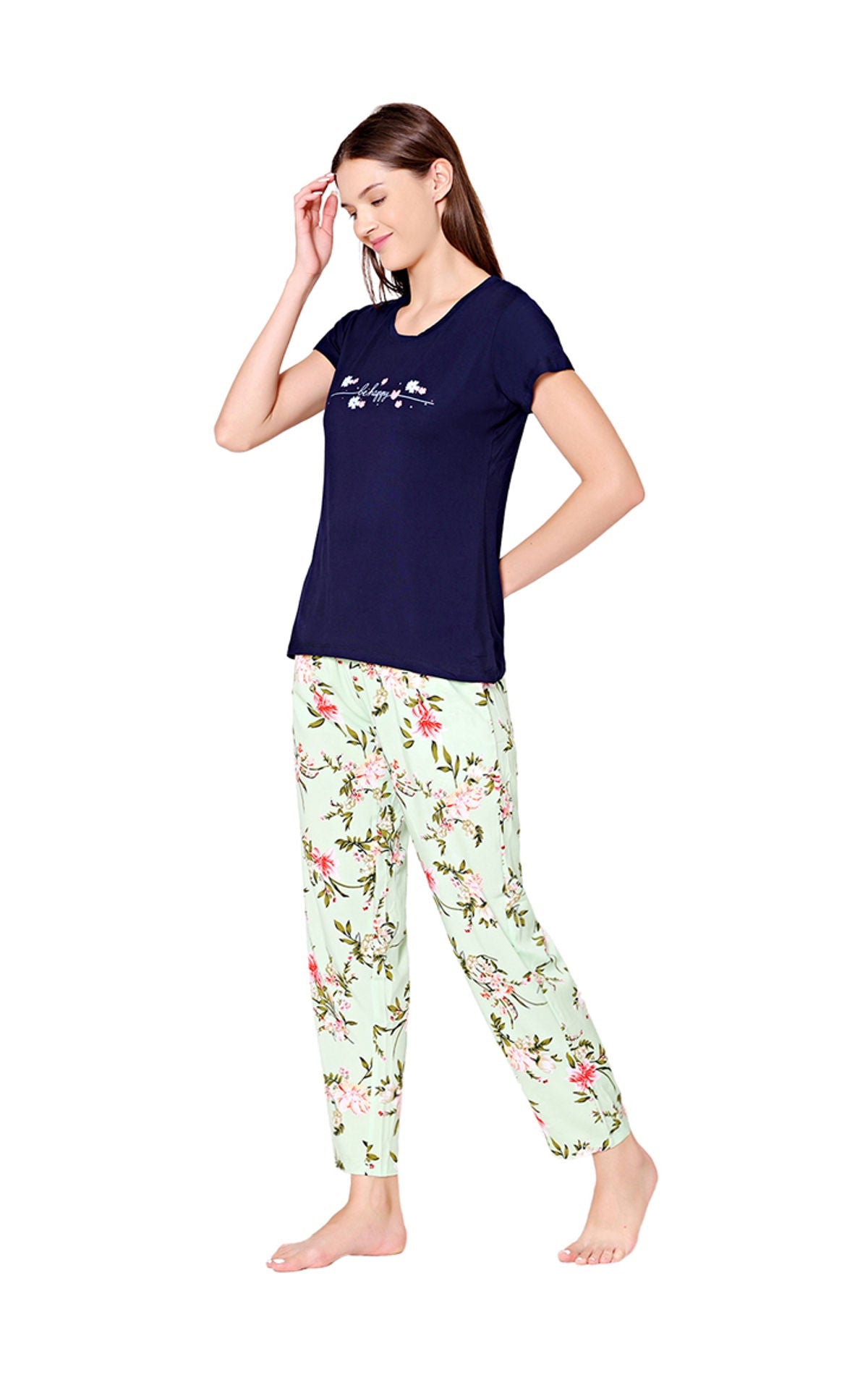 Bodycare Womens Modal Spandex Navy Blue & Mint Printed Tshirt & Pyjama Set BSLS14007