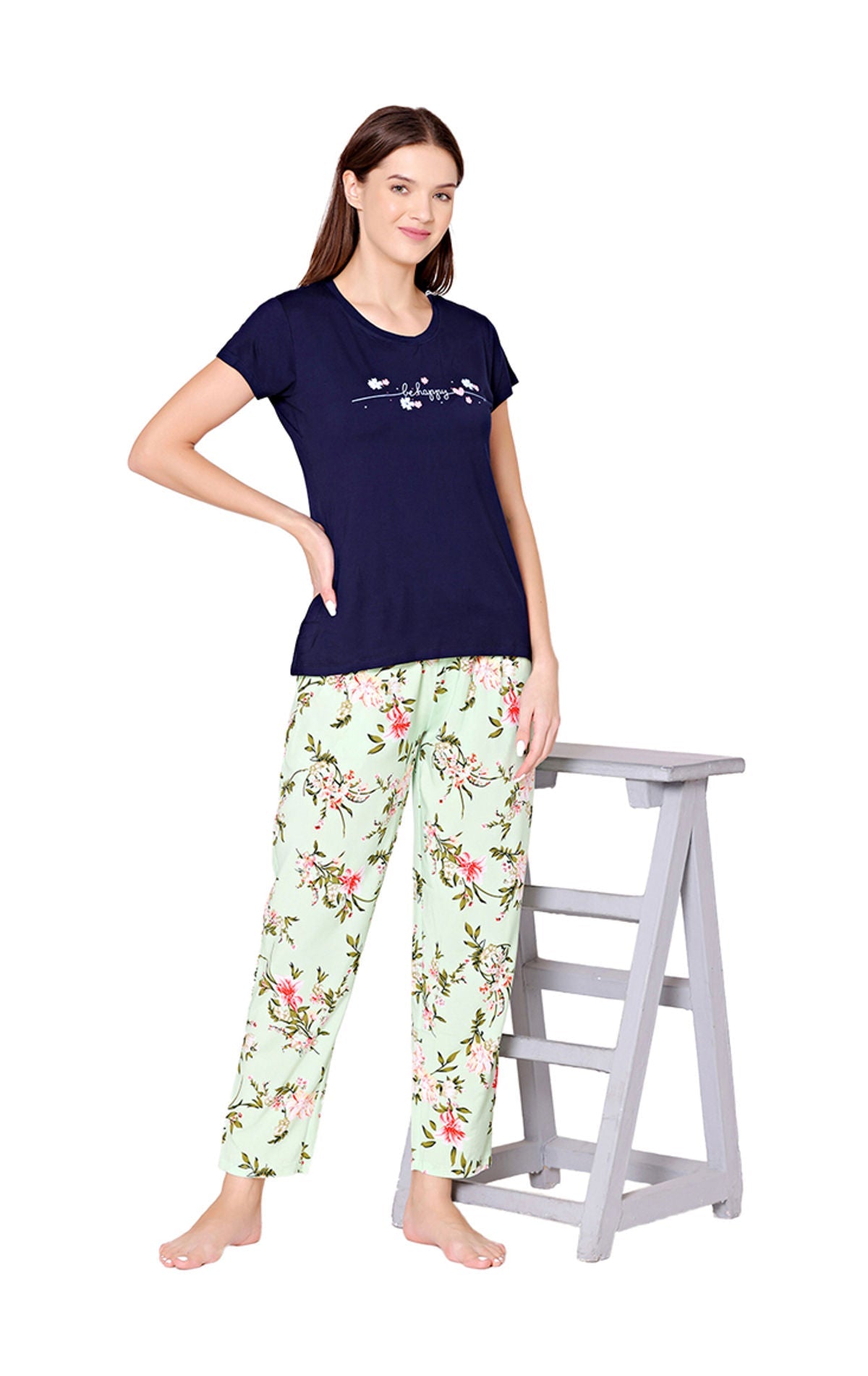 Bodycare Womens Modal Spandex Navy Blue & Mint Printed Tshirt & Pyjama Set BSLS14007