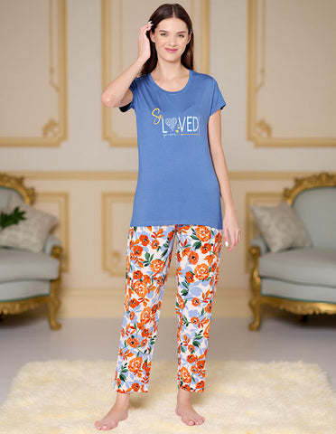 Bodycare Womens Modal Spandex Cyan Printed Tshirt & Pyjama Set BSLS14008